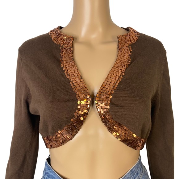 Guess Women's Cropped Brown Sequin Cardigan Size Small / Petite - Picture 3 of 8